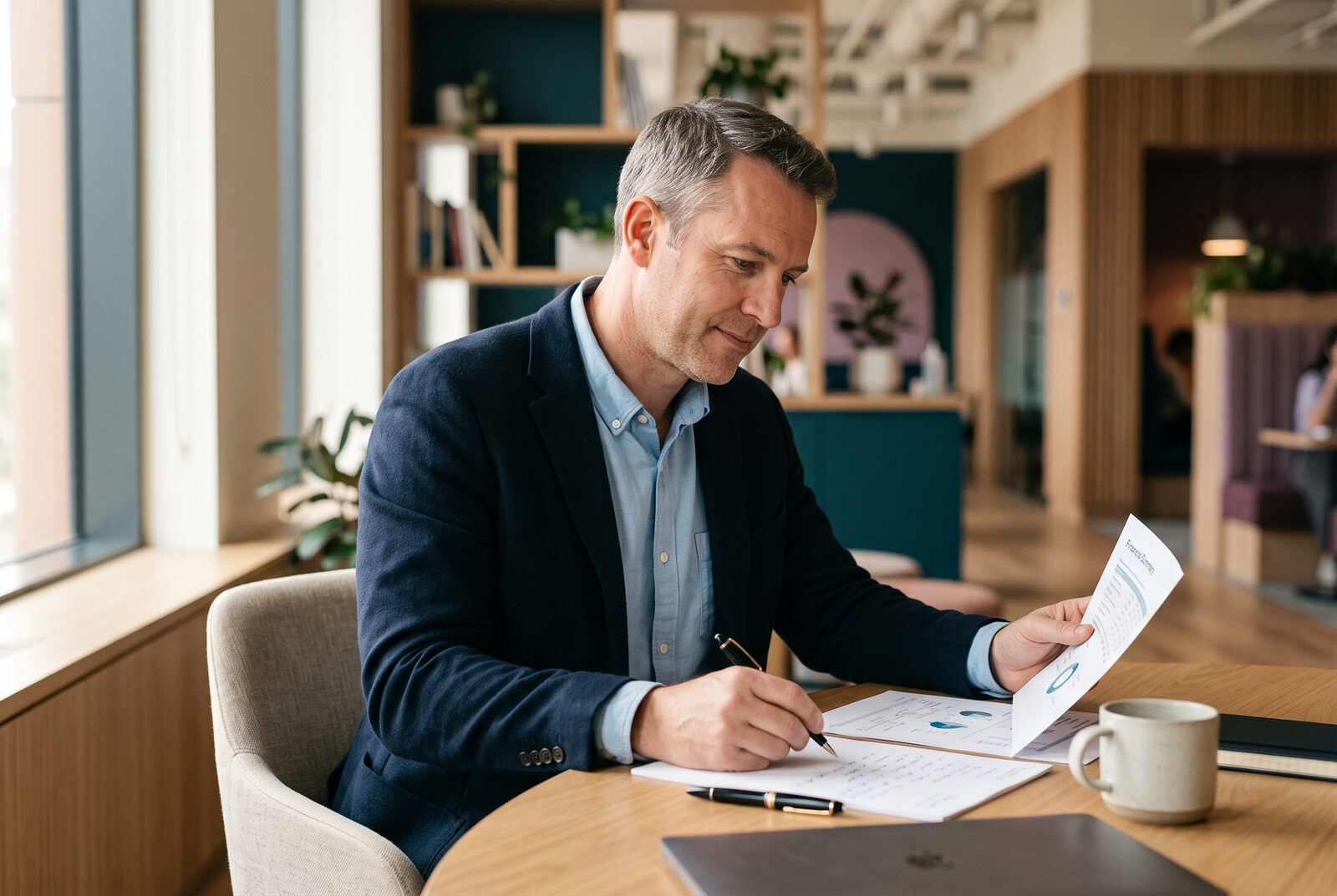 A financial advisor preparing for a client meeting, reviewing a report and notes